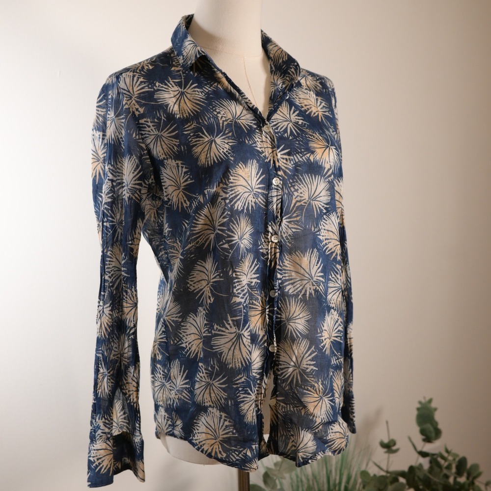 Hartford Alternative Classics Navy Tan Palm Print Cotton Button Down Shirt Sz 2